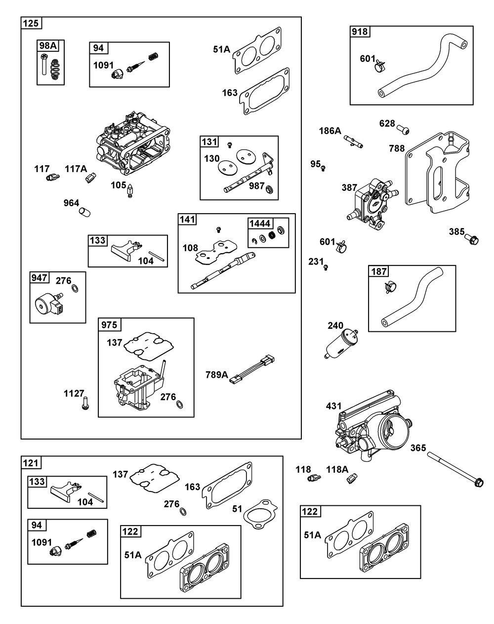 Carburetor And Fuel Supply Group Diagram and Parts List for 613777-0016-J1 400000 - 699999 Briggs and Stratton Engine